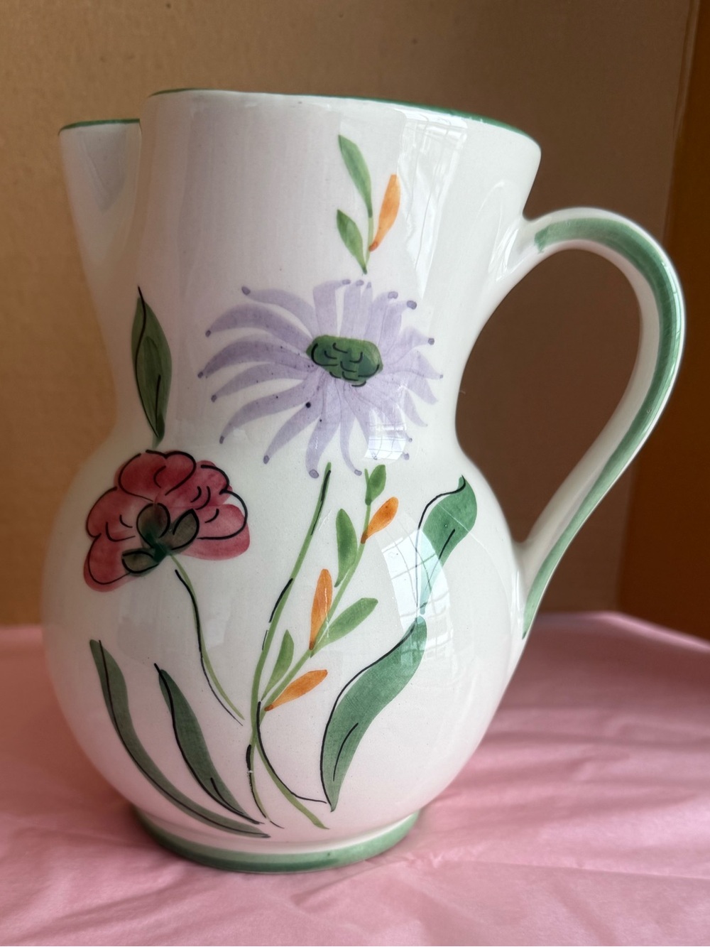 Vintage Italian Hand-Painted Ceramic Floral Pitcher Vase White Green Trim 207/1